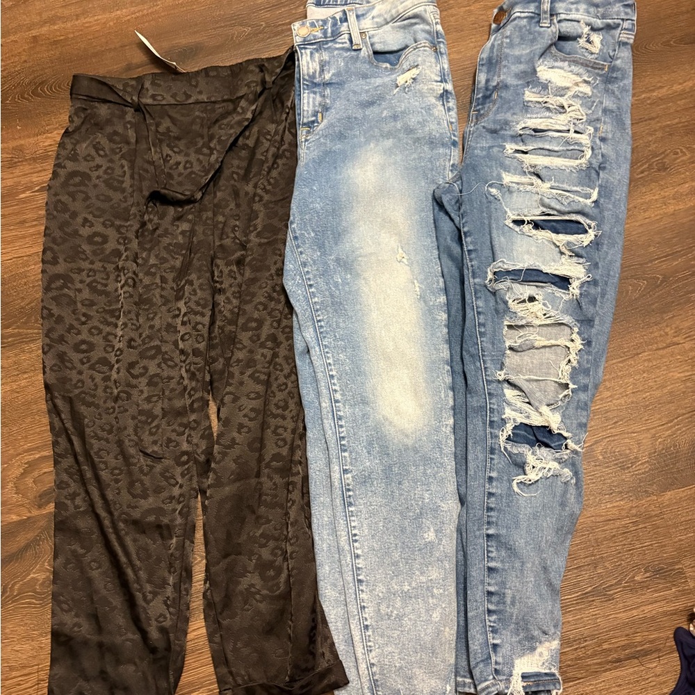 Leopard Print Leggings and Distressed Jeans Set
